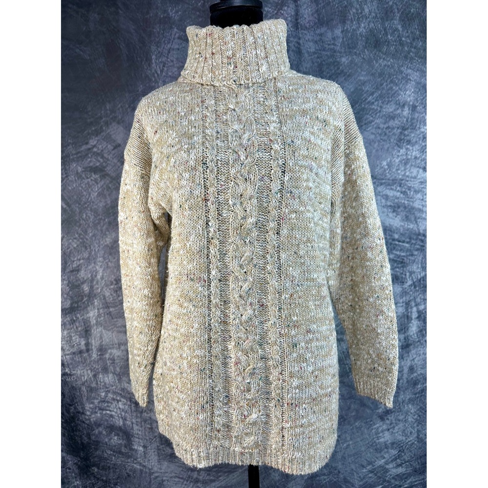 Huntington Ridge Turtleneck Sweater Women Small Tan Tweed Cable Knit Vintage 90s